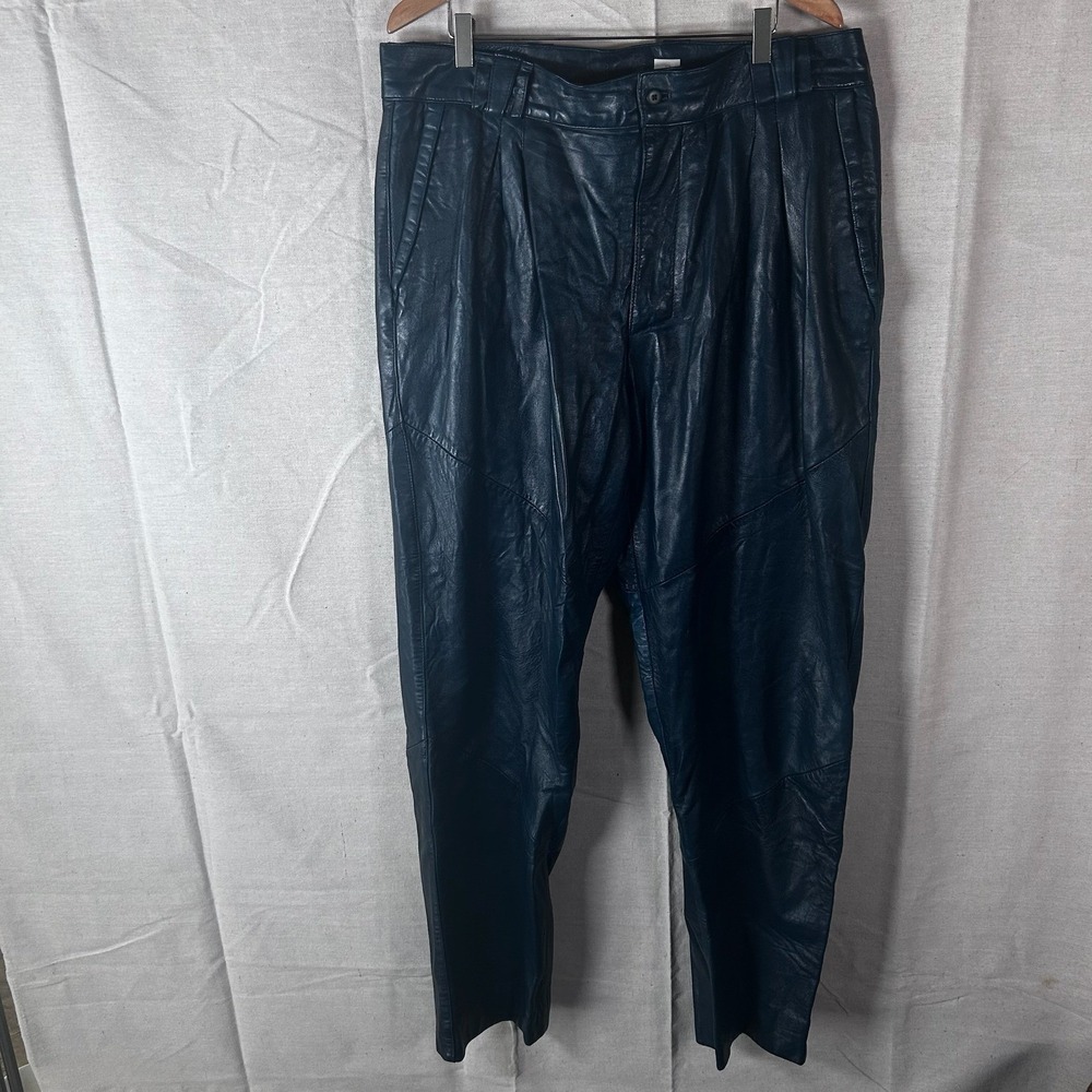 Saxony Womens Teal Blue Genuine Leather Pleated Tapered High Rise Pants Size 40
